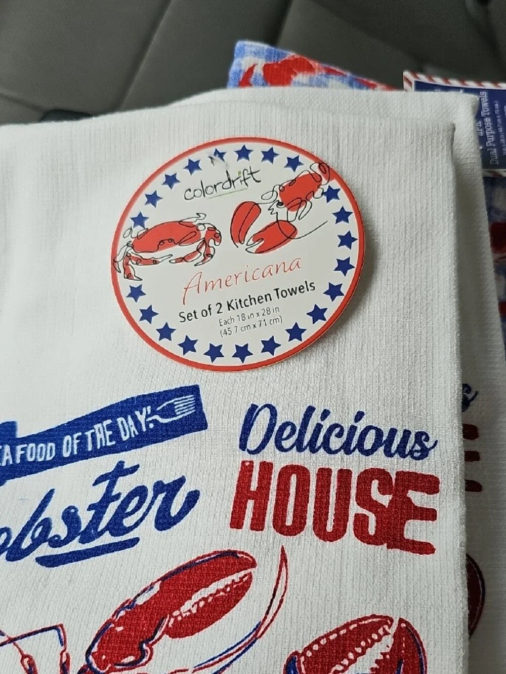 NWT White Lobster Kitchen Towel with Red & Blue Nautical Print,set of 2
